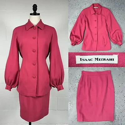 Vintage Isaac Mizrahi Iconic Pink Wool Suit Bishop Sleeve Jacket Pencil Skirt 4 • $225
