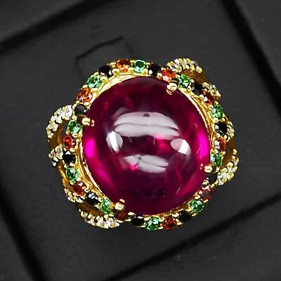 Striking Blood Red Ruby Cabochon 20.10Ct 925 Sterling Silver Handmade Gold Rings • $42.99