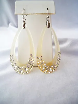Vintage Inset Crystal Rhinestones Pale Yellow Lucite Large Dangle Hoop Earrings • $6.85