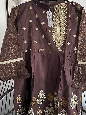 Ladies Brown Cotton Kurta Kameez Top Pakistani  Indian Frock Style Dress Stitch • £5.99