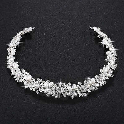 £38.52 • Buy White Gold Crown/tiara/headband, Clear Crystals & Pearls & Flowers, Bridal 