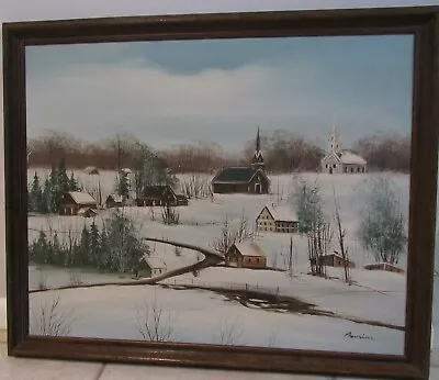 Signed Original Vintage Oil Painting Snowy Countryside Scene W/churches C.1940 • $60