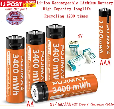 Green AA / AAA / 9V Rechargeable Li-ion Lithium High Capacity Battery Type-c USB • $11.70