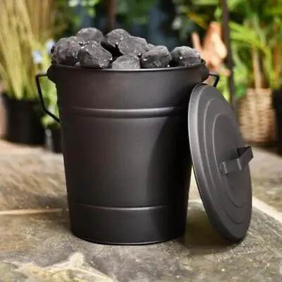 12L Metal Ash Bucket Fireside Storage Coal Bin Skuttle With Lid Fire Log • £13.87