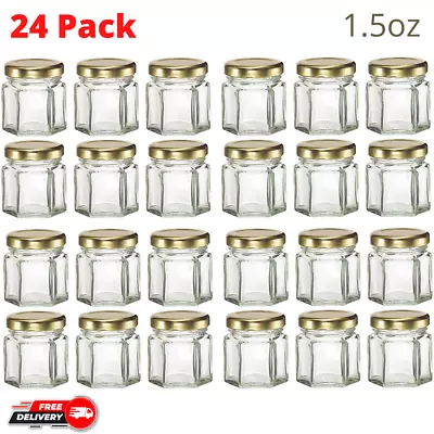 24 Pack 1.5 Oz Mini Hexagon Glass Jars With Gold Lids For Jam Spice Honey Jelly • $27.98