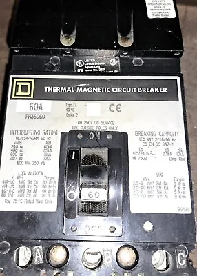 Square D FH36060 60 Amp 600 Vac 3 Pole  Circuit Breaker-Warranty (New Take Out) • $395