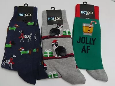 Hot Sox Men's Crew Socks Holiday Christmas Socks Lot Of 3 Size 10-13 • $29.69