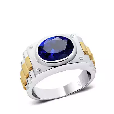 Men's Sapphire Wedding Ring In Solid 10k Gold With 4 Natural Diamonds Male Birth • $749