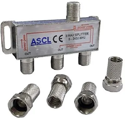 ASCL 1 In 3 Out TV Aerial Freeview Coaxial Cable Splitter + F Plug Connectors • £4.29