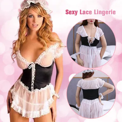 French Maid Outfit See-through Wench Costume Lace Up Front Waitress Fancy Dress • $11.21