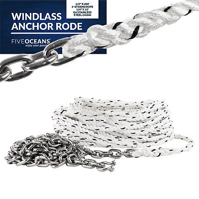 Windlass Anchor Rode 1/2 X200' 3-Strand Rope - 1/4 X15' G4 Stainless Steel Chain • $259