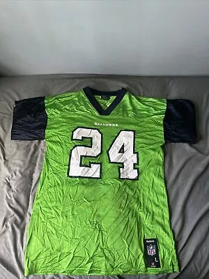 VTG Seattle Seahawks Jersey Mens L Green Satin Marshawn Lynch #24 Mesh Reebok • $47.75