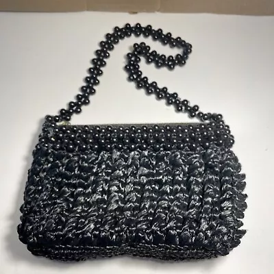 Vintage Black Raffia Straw Handbag Purse Beaded Japan 1960s Zip Closure Babette • $14