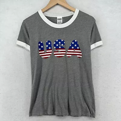 PINK VICTORIAS SECRET Top Small USA Flag Letters Ringer Short Sleeve Jersey Gray • $11.99