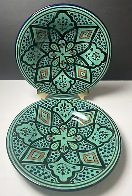 TWO Pottery Barn GREEN BLACK BLUE Kasara Moroccan Mosaic 10” Bowls Plates • $31.96