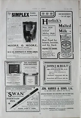 1903 Print Adverts Moore & Moore Pianoforte - Horlick's - Swan Fountain Pen • $85.78