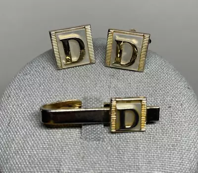 Letter D Cufflinks Tie Clip Vintage Gold Tone Textured Mother Of Pearl - Vintage • $10.36