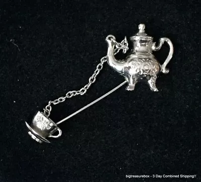 Vintage Brooch Pin SIGNED Avon Teapot Stick Hat Silver Tone Jewelry Lot Y • $1.99