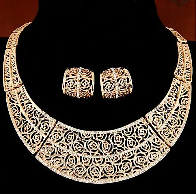 £6.49 • Buy Gold Roses Collar Statement Necklace Earrings Set Costume Jewellery