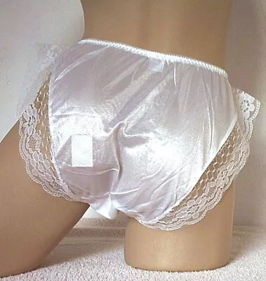 Silky Vintage Nylon Frilly White French Knickers Lace Panties UK 10-12 - US 6-7 • $13.50