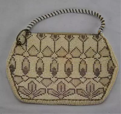 Vintage White/Brown Design Beaded Mesh Purse • $14.99