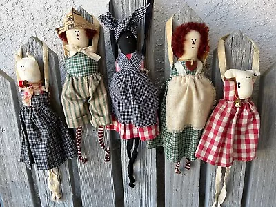 Vintage 1990's Lot Of 5 Handmade Hanging Muslin & Cotton Country Doll Characters • $39.90