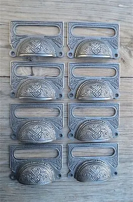 A Set Of 8 Large Edwardian Cast Iron Label Frame Handle Filing Drawer Pull Cb10 • £33.79