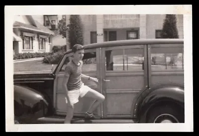 $5.99 • Buy SKINNY LEGS NERD BOY STEALS DAD FORD WOODY WAGON CAR ~ 1940s VINTAGE PHOTO
