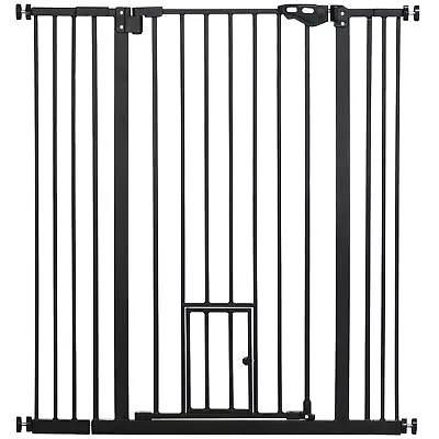 PawHut Extra Tall Dog Gate With Cat Door Auto Close For Stairs 74-101 Cm Wide • £50.99