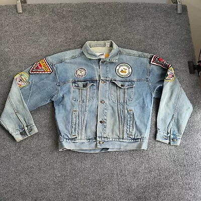 Vintage Winston Rodeo Embossed Denim Jean Jacket Cowboy Sz L Nascar Patches 90s • $99.65