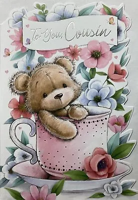 FEMALE COUSIN BIRTHDAY CARD CUTE BEAR SITTING IN A TEACUP FLOWERS 7”x5” FREEP&P • £1.99