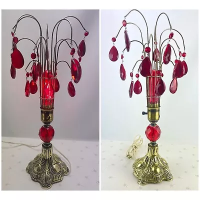 Vintage 50s Boudoir Lamp Hollywood Regency Cranberry Red Crystal Teardrops • $200