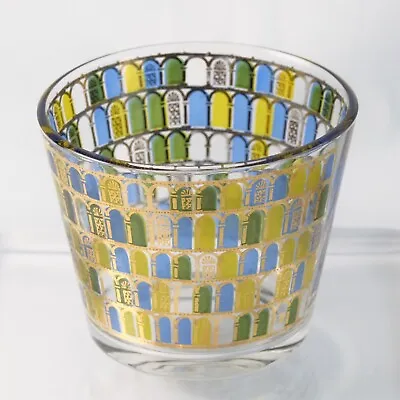 Vintage Culver Glass Ice Bucket In 22k Gold Cathedral Pattern Gold Blue 1970s • $25.99