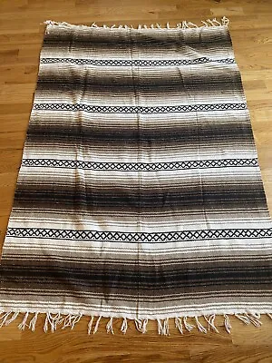 Vintage Mexican Woven Blanket/ Serape Textiles 100% Acrylic Neutrals Navy White • $39