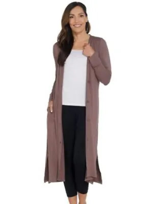 Cuddl Duds Peppercorn Taupe Softwear Stretch Knit Maxi Button Front Cardigan New • $24.95