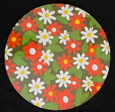 Vintage 60s Flower Power Daisy Tin Hot Pad Mat Trivet Metal Cork Mod Floral • $24.99