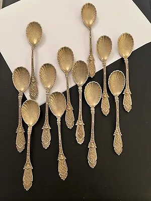 Antique Set Of 12 Teaspoons 800 Silver Gilt Shell Cherub Lattice ORNATE • $599