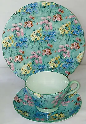 £184.18 • Buy Shelley China MELODY CHINTZ CUP & SAUCER & 8  PLATE TRIO SET*GREEN HANDLE