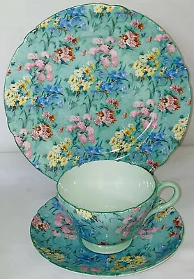 £185.41 • Buy Shelley China MELODY CHINTZ CUP & SAUCER & 8  PLATE TRIO SET*GREEN HANDLE