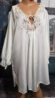 Vintage Lily Of France Ivory Satin Nightgown Sz L Long Sleeve Lace Tie V Neck • $40