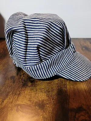 Vintage Railroad Hat Blue White Striped Train Engineer Conductor Cap • $14.99