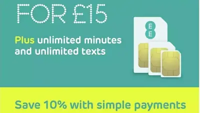 £15 EE Sim Card Pay As You Go Pack 25GB Data Unlimited SMS - 20p At Checkout • £0.99