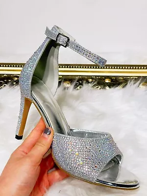 New Womens Ladies Diamante High Heel Strap Open Toe Party Wedding Sandals Shoes • £14.24