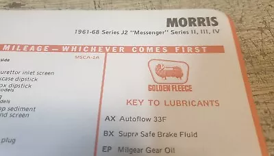 1961 - 1968 MORRIS J2 MESSENGER Van Original GOLDEN FLEECE Lube Chart  • $9.95