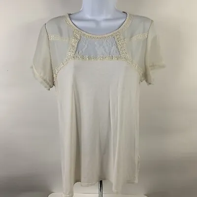 H&M Blouse Small Ivory Short Sleeve Lace Trim Rayon Chiffon Shirt Lightweight • $6.99