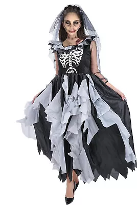 Ladies Day Of The Dead Halloween Skeleton Zombie Bride Fancy Dress Costume  • £26.99