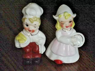 Vintage Girl & Boy Chef Salt Pepper Shaker Set Enesco Japan Gold Accents • $14.55