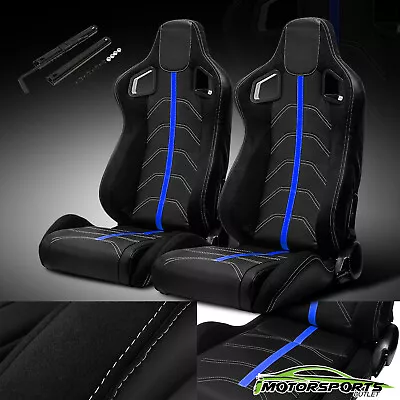 Reclinable Black&Blue Patches Fabric Pineapple Racing Seats Left/Right W/Slider • $286.98