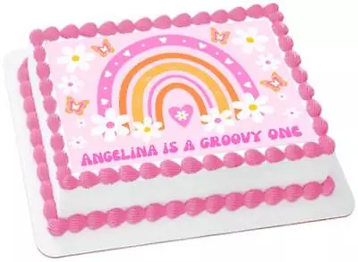 Groovy One Cake Topper Retro Rainbow Daisy Personalized Rectangle Image #222 • $21.95