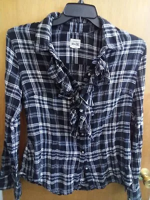 Converse One Star Womans Black And White Plaid Button Down Shirt With Ruffles XL • $8.50